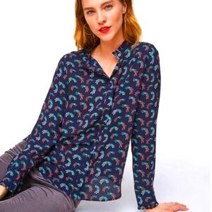 Loft Peacock Utility Ruffle Button Down Blouse M